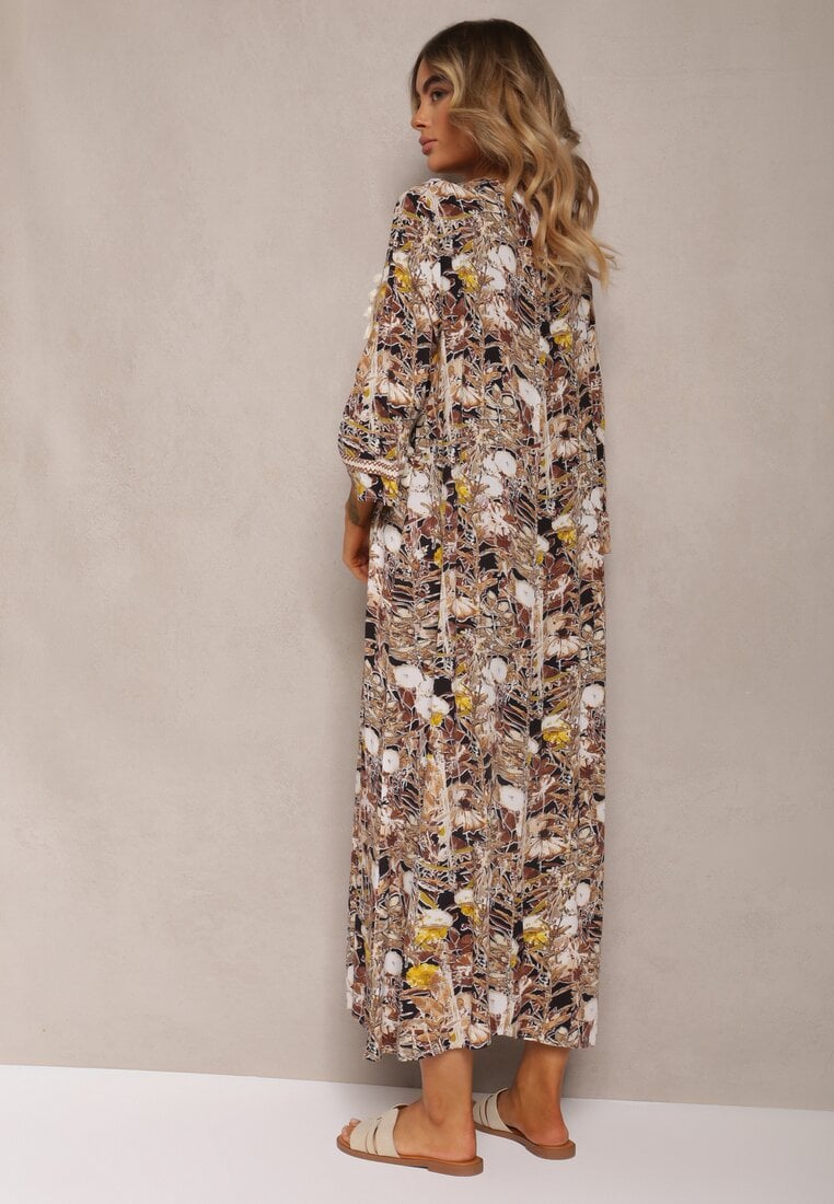 Rochie bej-negru boho din viscoză decorată cu dantelă și ciucuri Giorna