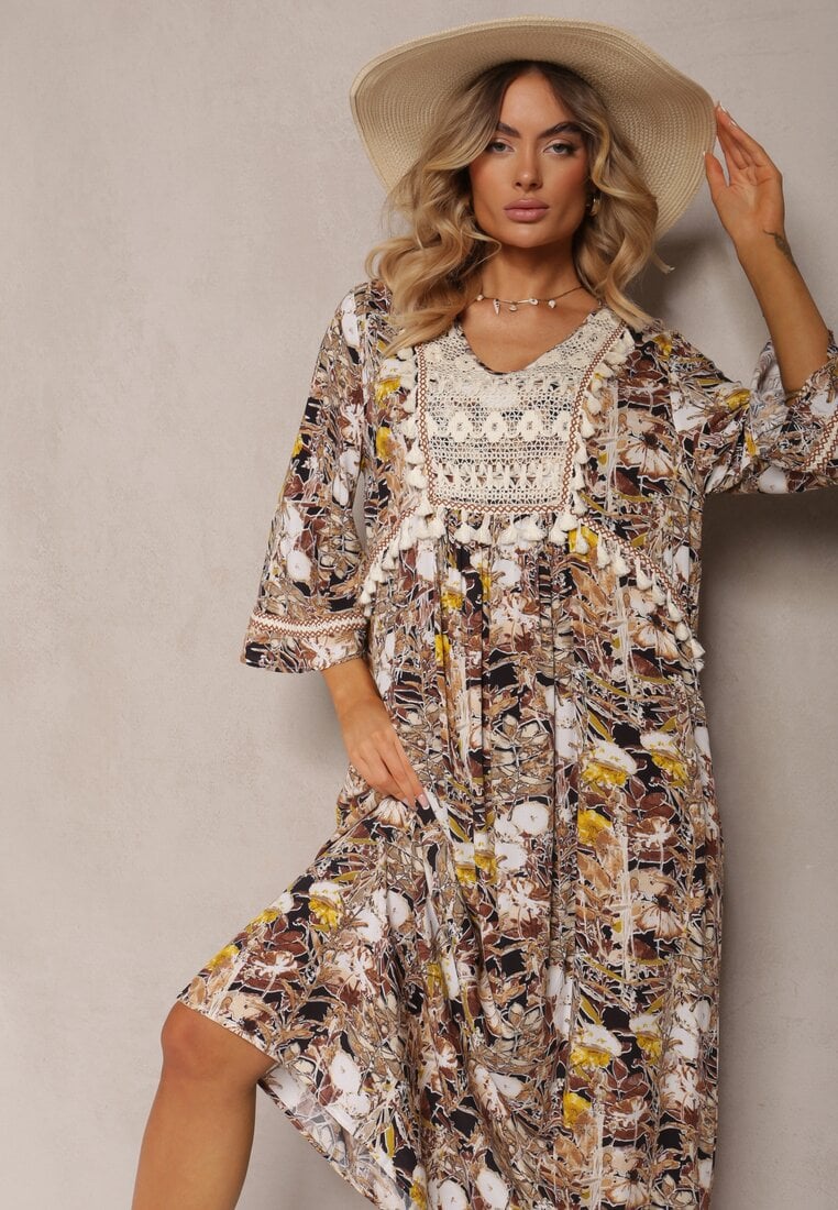 Rochie bej-negru boho din viscoză decorată cu dantelă și ciucuri Giorna