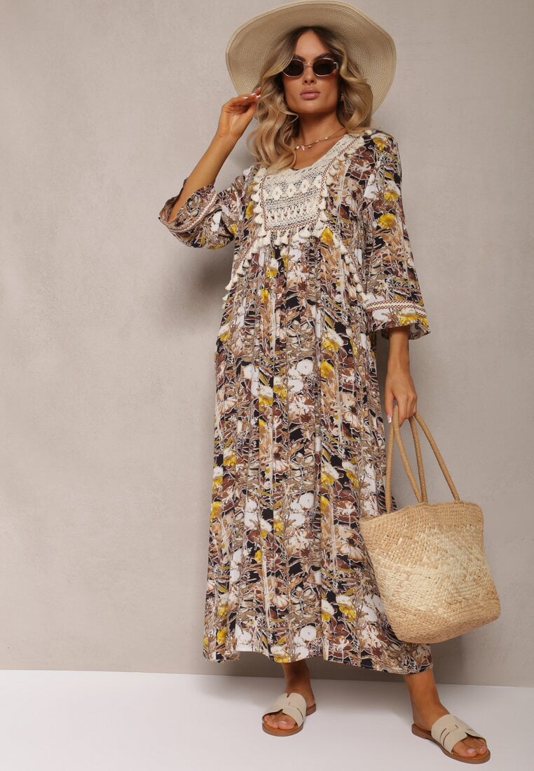 Rochie bej-negru boho din viscoză decorată cu dantelă și ciucuri Giorna