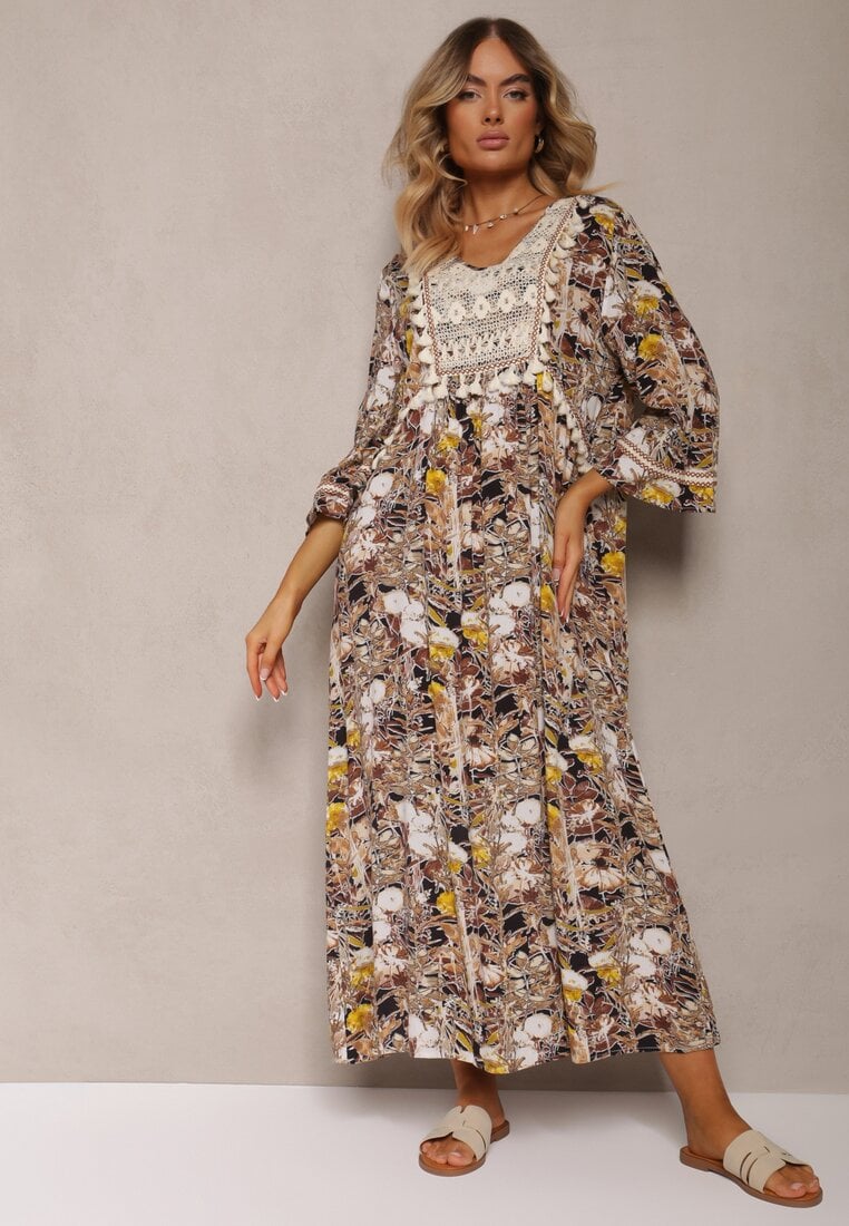 Rochie bej-negru boho din viscoză decorată cu dantelă și ciucuri Giorna