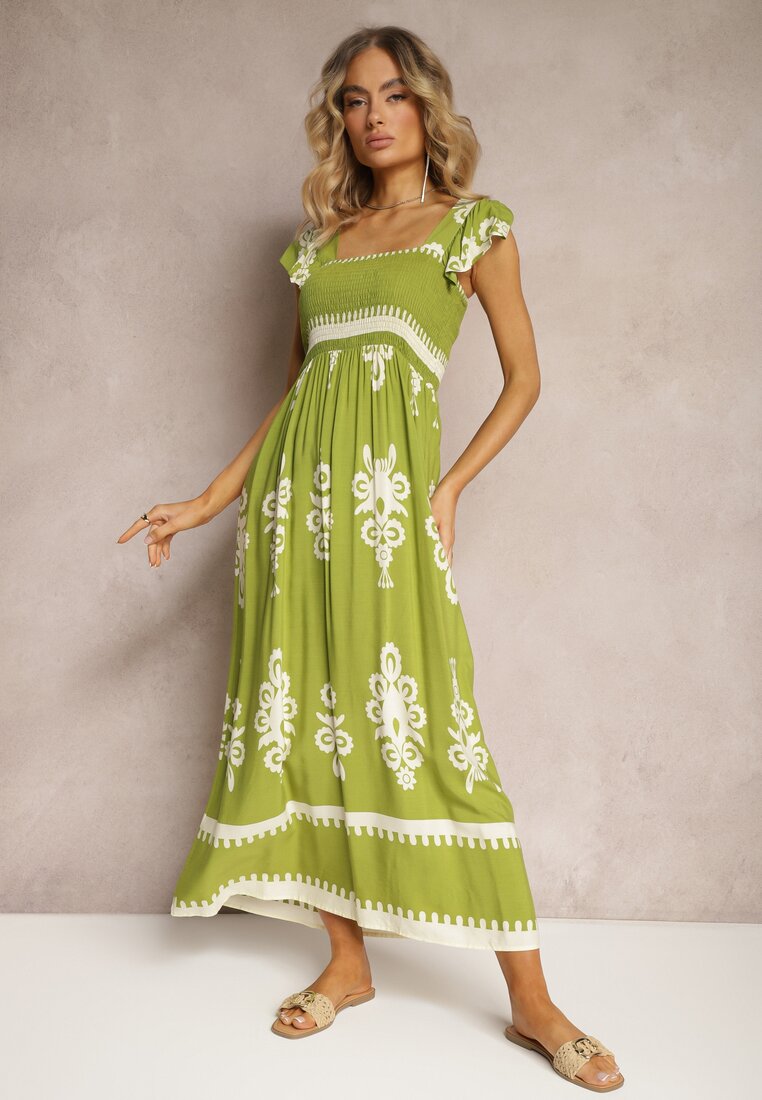 Zielona Wiskozowa Sukienka Boho z Falbankami i Gumką w Talii na Szerokich Ramiączkach Dreria