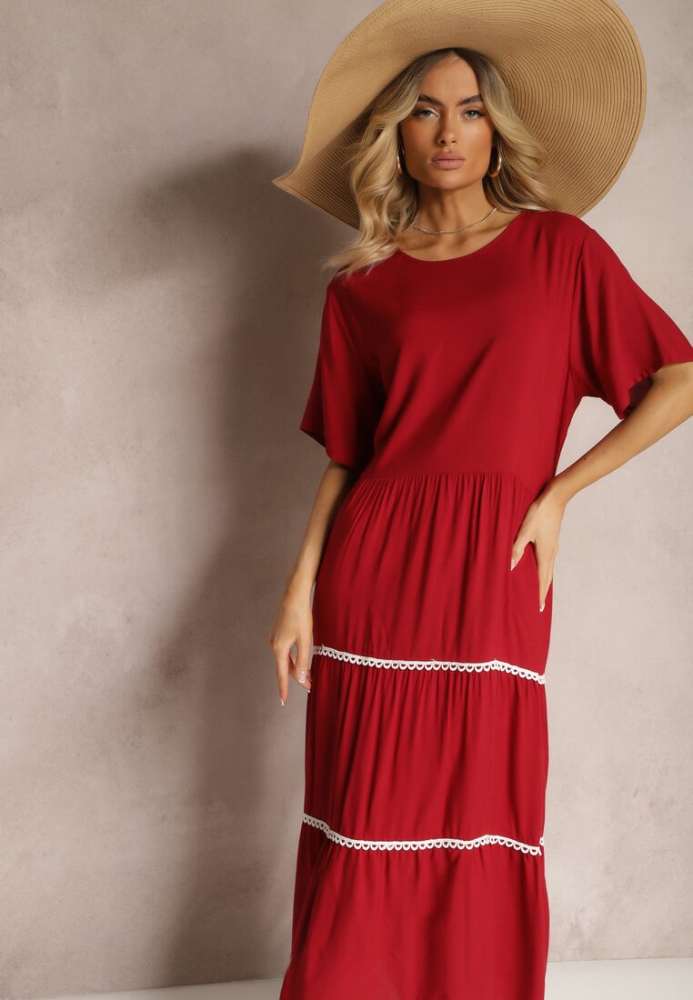 Czerwona Sukienka z Bawełny z Krótkim Rękawem Marolla