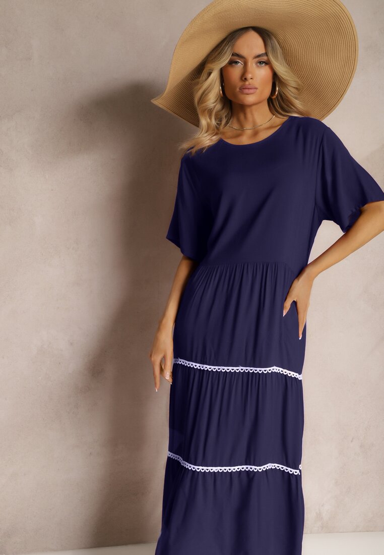 Rochie bleumarin din bumbac cu mânecă scurtă Marolla