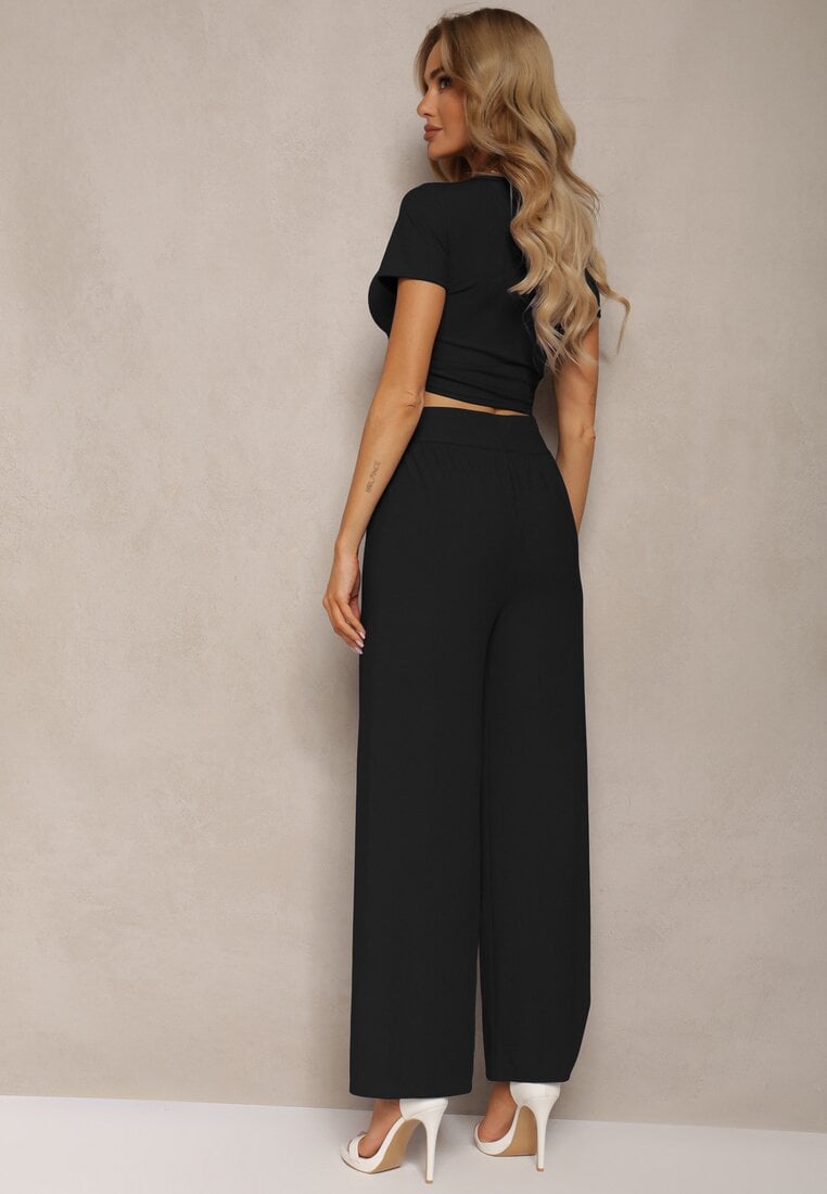 Set Negru Tricou cu Șnur Pantaloni Largi cu Elastic în Talie Tolan