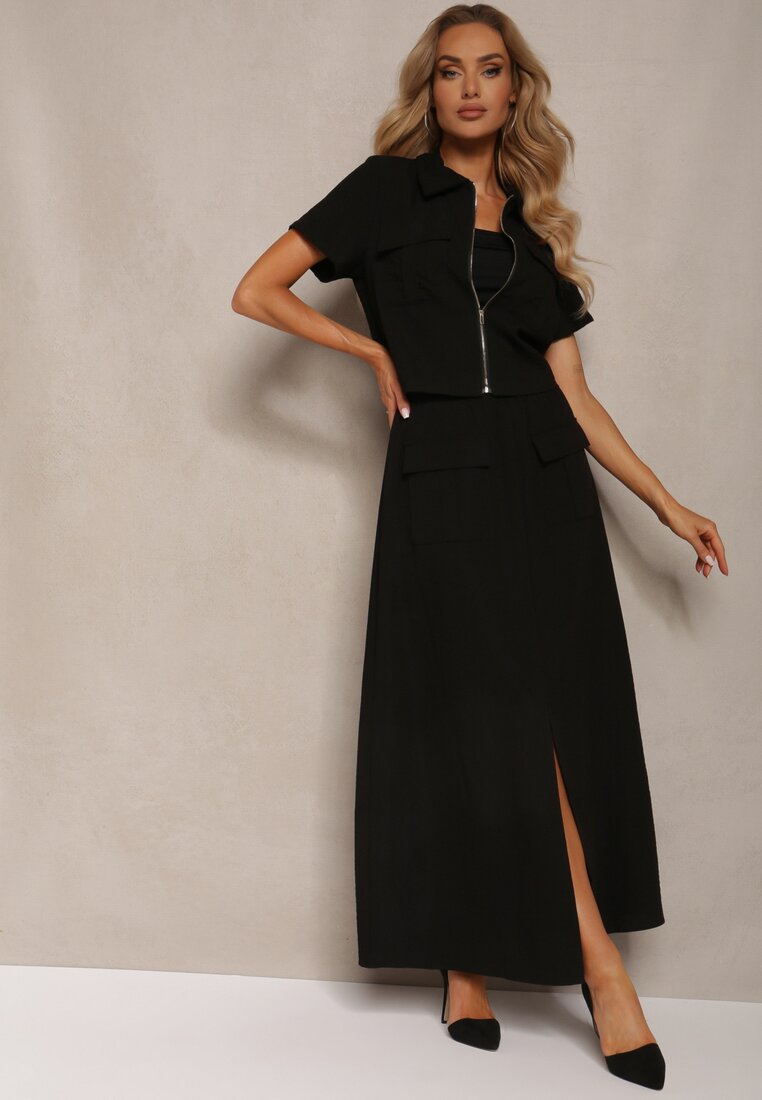 Set Negru Tip Utility Bluză cu Mânecă Scurtă Fustă cu Șliț și Elastic în Talie Dravia