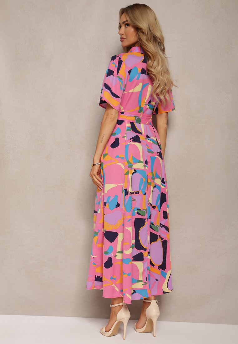 Różowa Koszulowa Sukienka w Abstrakcyjny Print z Materiałowym Paskiem w Talii Archbia
