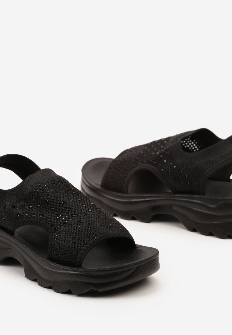Czarne Sandały Wsuwane na Platformie Zdobione Cyrkoniami Octalia