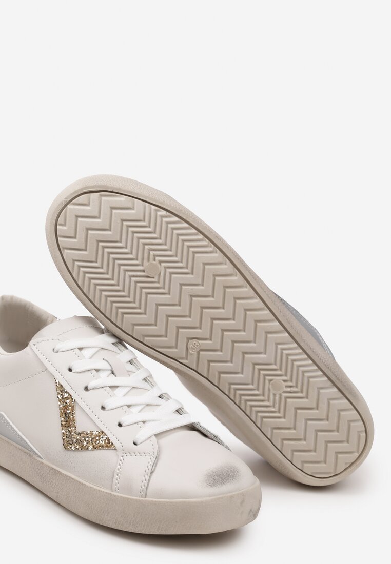Biało-Złote Sneakersy Sznurowane z Cholewką przed Kostkę z Brokatem Toneri