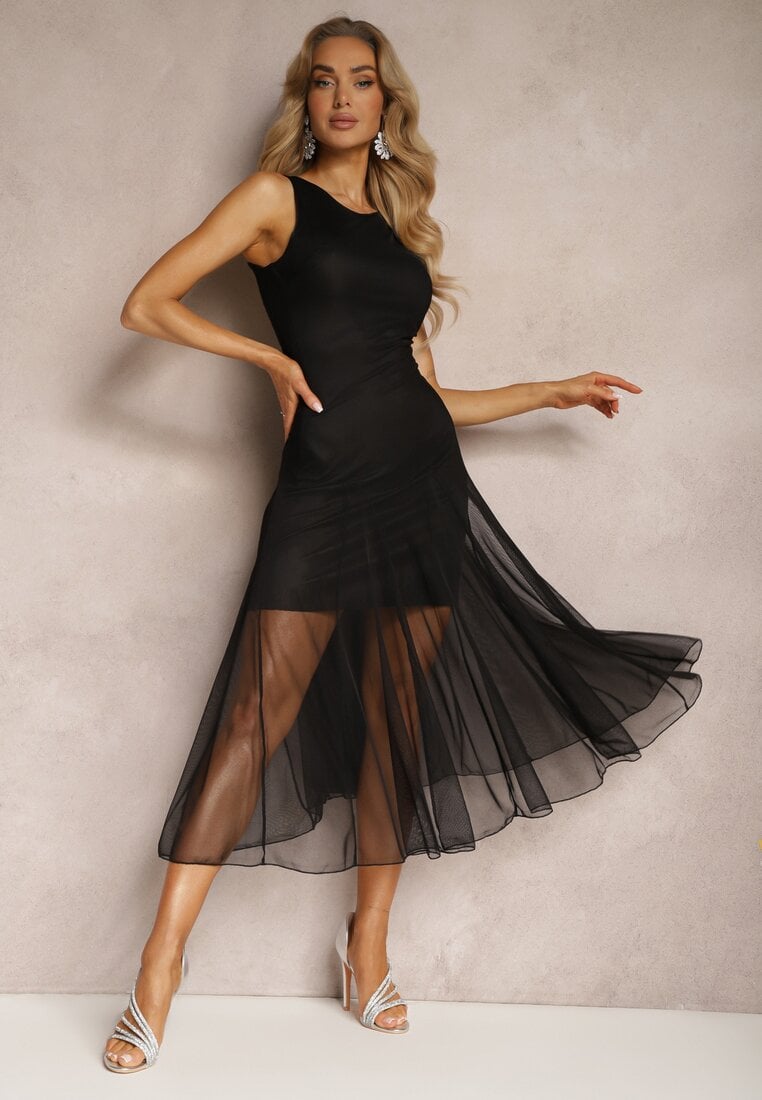 Rochie Neagră Cu Talia Evidențiată și Tul Jacquard Uisolia