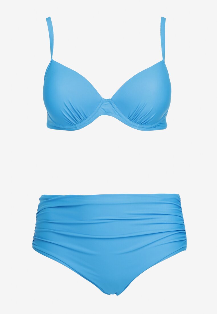 Niebieskie Bikini 2-Częściowe Biustonosz Wiązany z Tyłu i Majtki High Waist z Marszczeniami Ekubia