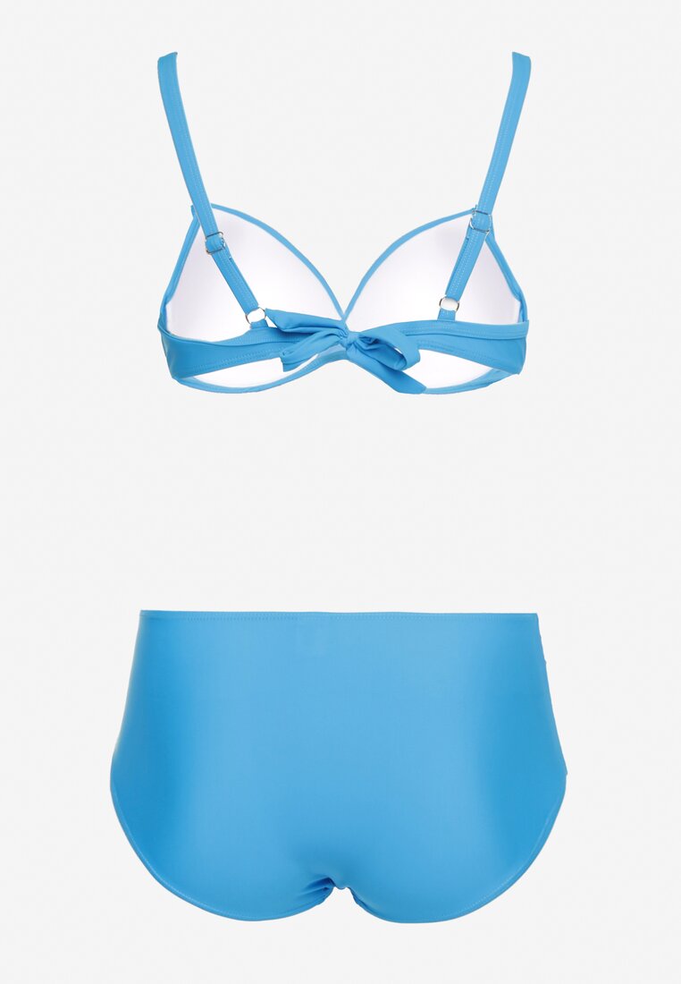 Niebieskie Bikini 2-Częściowe Biustonosz Wiązany z Tyłu i Majtki High Waist z Marszczeniami Ekubia