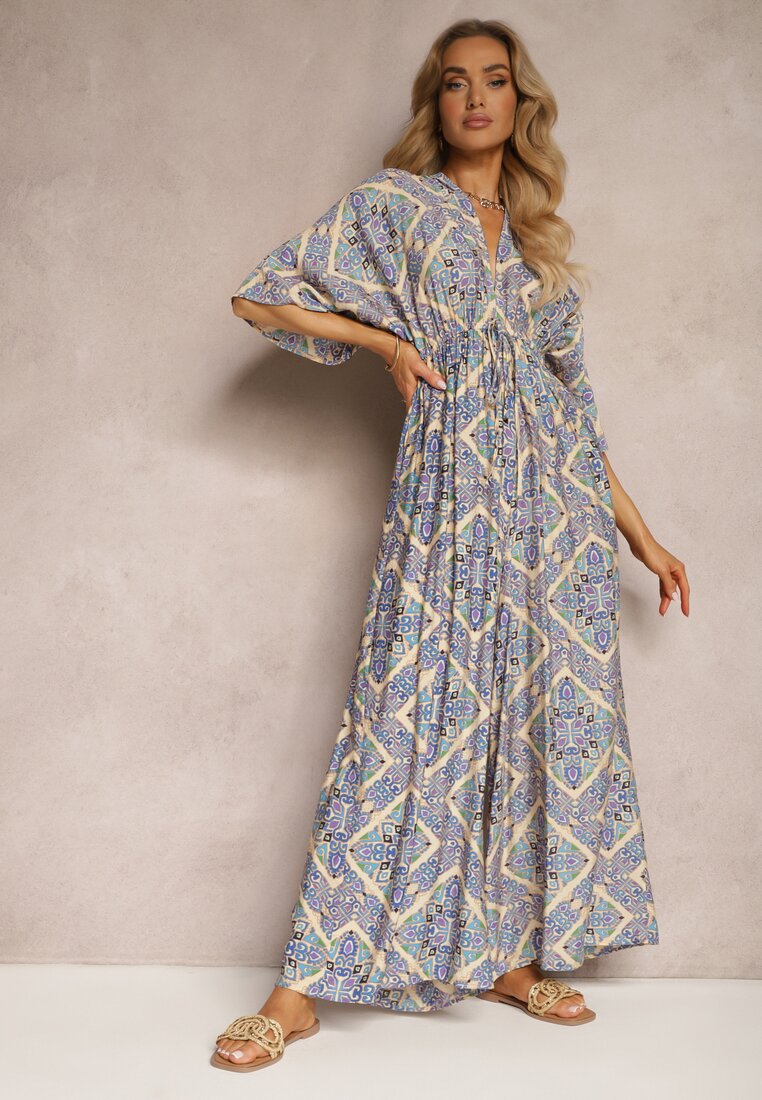 Salopeta Boho Albastră cu Spate Legat și Elastic în Talie și Pantaloni Lungi Sopolia