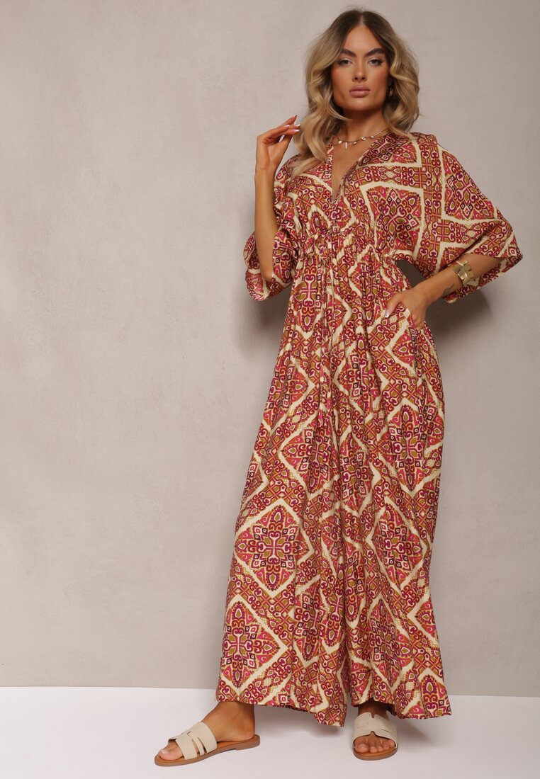 Fucsia-Bej Boho Salopetă cu Imprimeu Floral Spate Decoltat Elastic în Talie și Pantaloni Lungi Sopolia