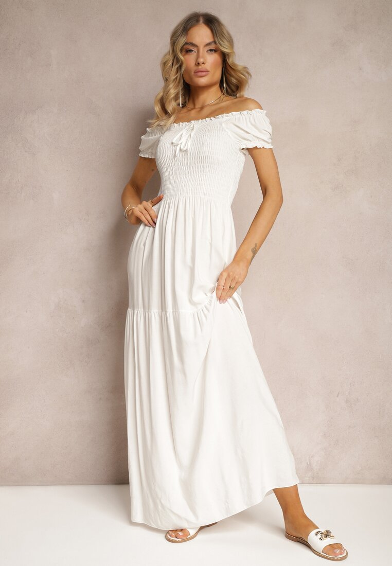 Biała Sukienka Hiszpanka z Wiskozy z Górą Marszczoną Gumkami Moallme