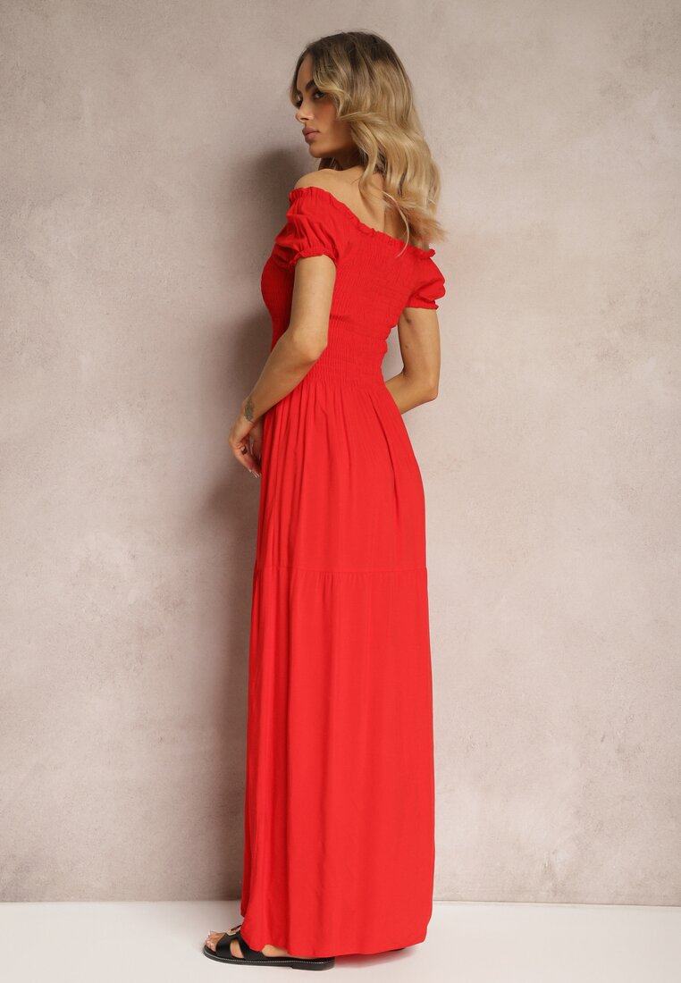 Czerwona Sukienka Hiszpanka z Wiskozy z Górą Marszczoną Gumkami Moallme