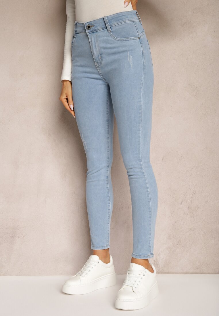 Jasnoniebieskie Casualowe Skinny Jeansy Push-Up z Przetarciami na Nogawkach Jrinna
