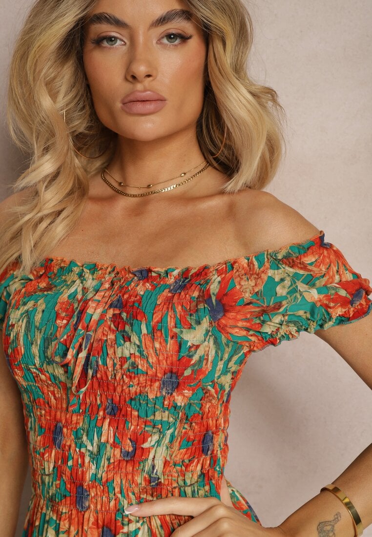 Rochie verde-portocalie evazată tip spaniol din viscoză cu imprimeu floral Viseria
