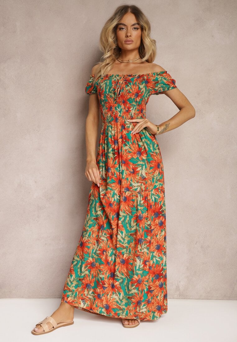 Rochie verde-portocalie evazată tip spaniol din viscoză cu imprimeu floral Viseria