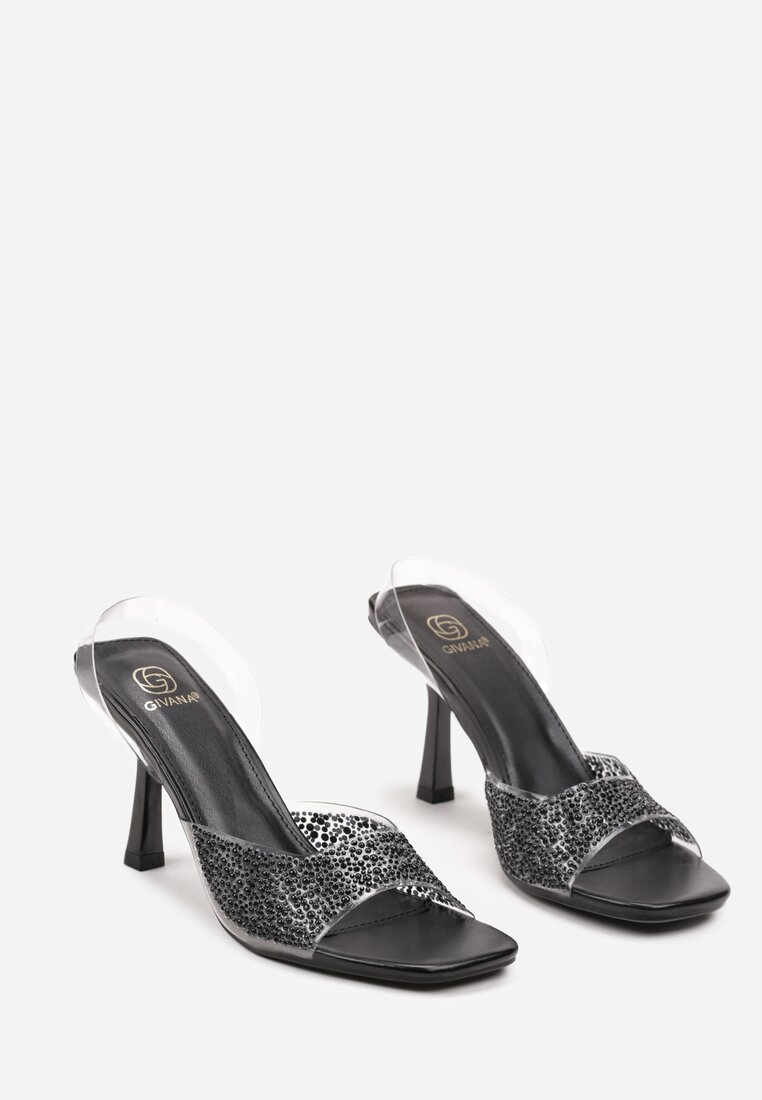 Czarne Sandały Szpilki z Transparentną Cholewką Ozdobione Koralikami Dimrose