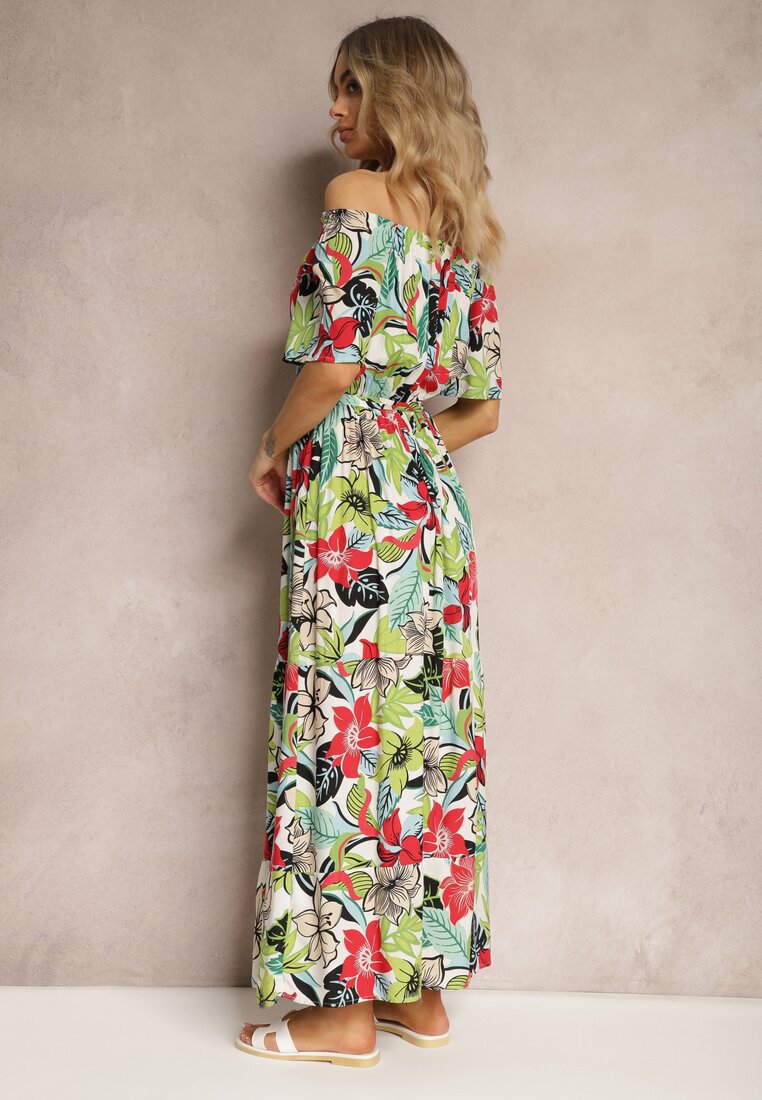 Rochie verde-roz din viscoză evazată cu curea în talie imprimeu floral Rosubia