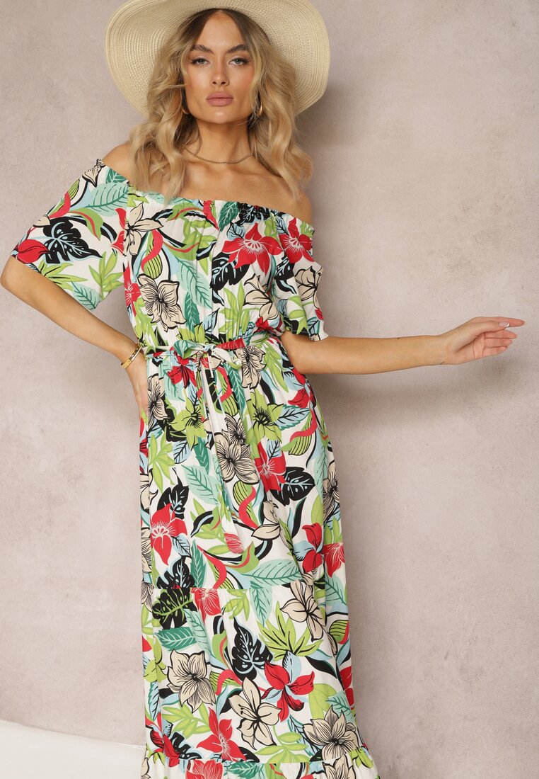 Rochie verde-roz din viscoză evazată cu curea în talie imprimeu floral Rosubia