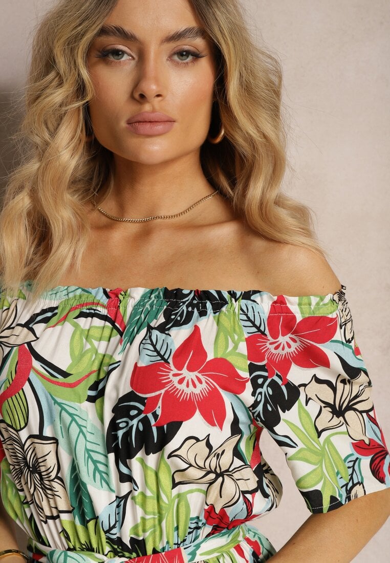 Rochie verde-roz din viscoză evazată cu curea în talie imprimeu floral Rosubia