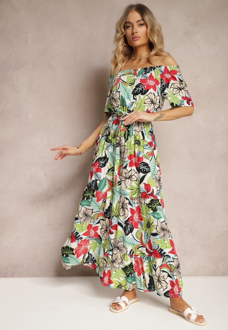 Rochie verde-roz din viscoză evazată cu curea în talie imprimeu floral Rosubia