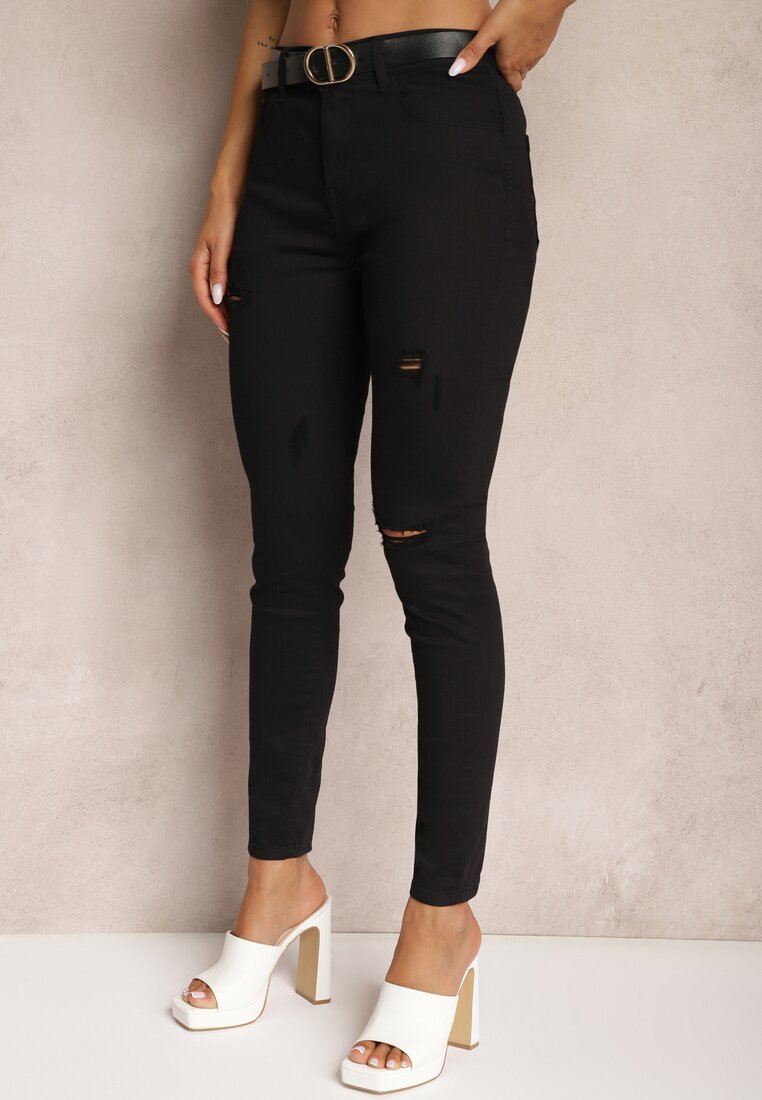 Czarne Jeansy Skinny High Waist z Przetarciami Lisbia