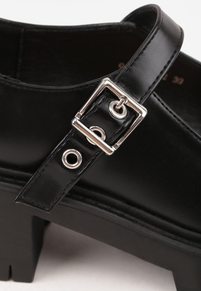 Czarne Półbuty Mary Jane na Słupku i Tłoczonej Platformie Evanelle