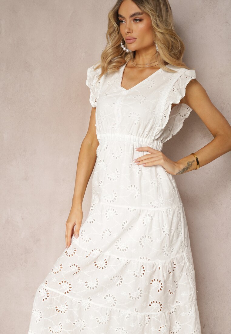 Biała Rozkloszowana Sukienka o Ażurowym Wykończeniu z Falbanką Melolia