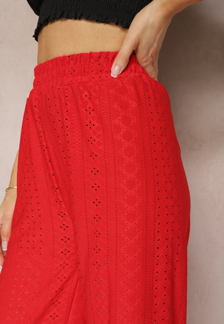 Czerwone Spodnie High Waist z Ażurowym Wzorem Diemia