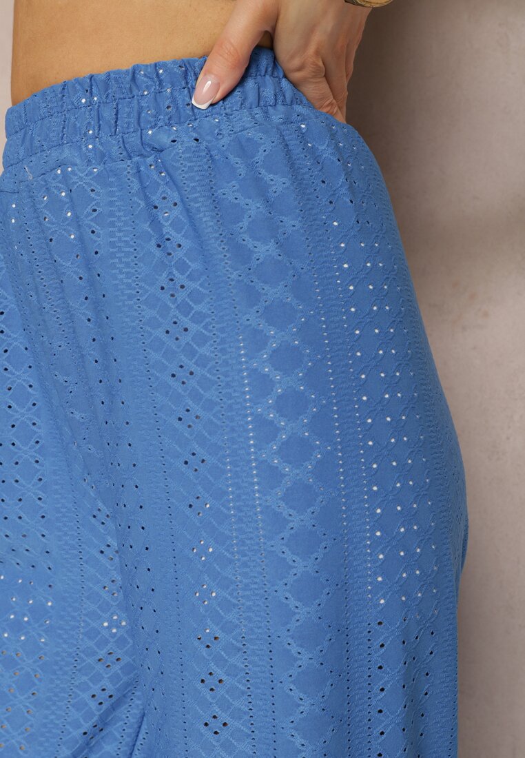 Niebieskie Spodnie High Waist z Ażurowym Wzorem Diemia