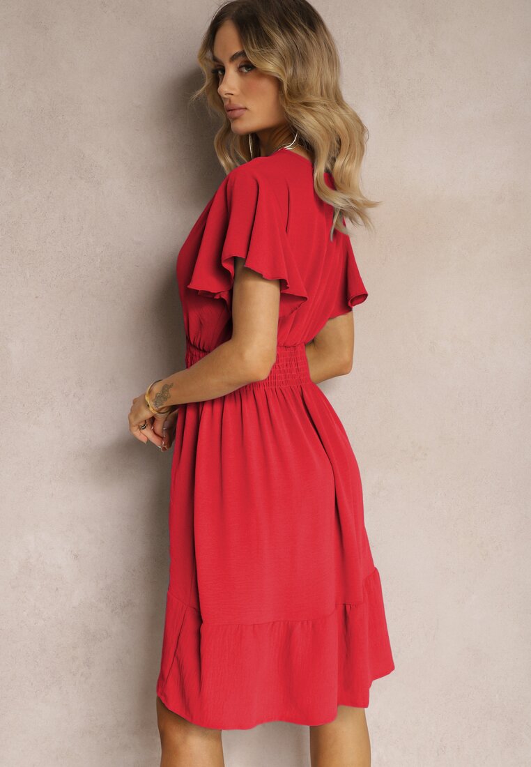 Czerwona Sukienka z Falbankami i Marszczoną Gumką w Talii Edenia