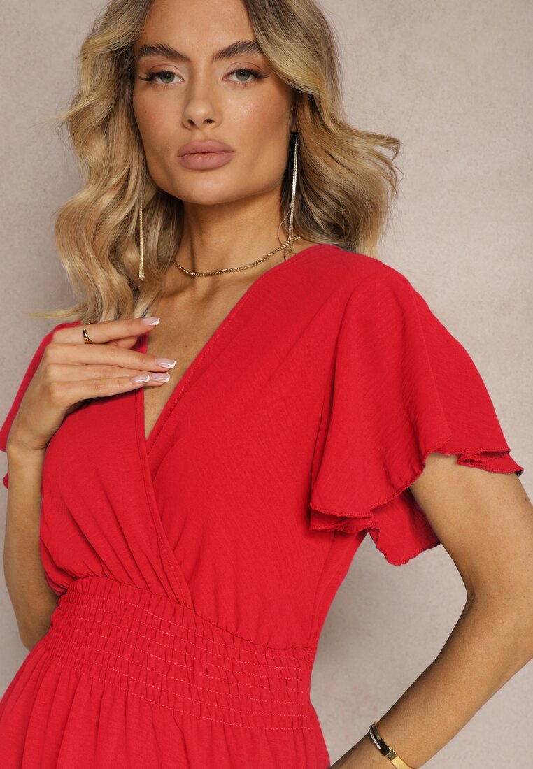 Rochie Roșie cu Volane și Elastic în Talie Edenia
