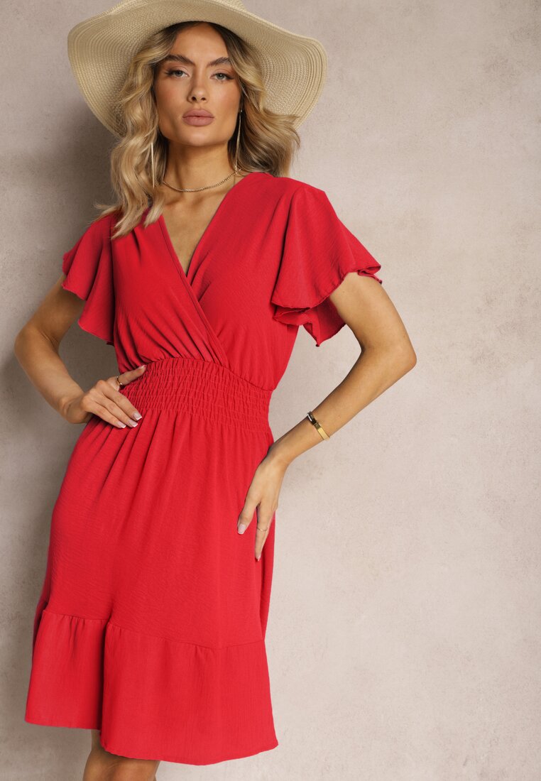 Rochie Roșie cu Volane și Elastic în Talie Edenia