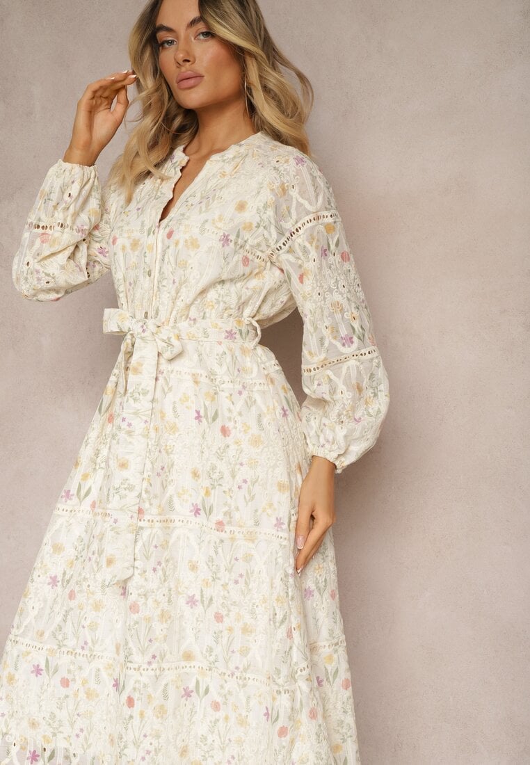 Rochie bej cloș cu curea din material și imprimeu floral Dimtina