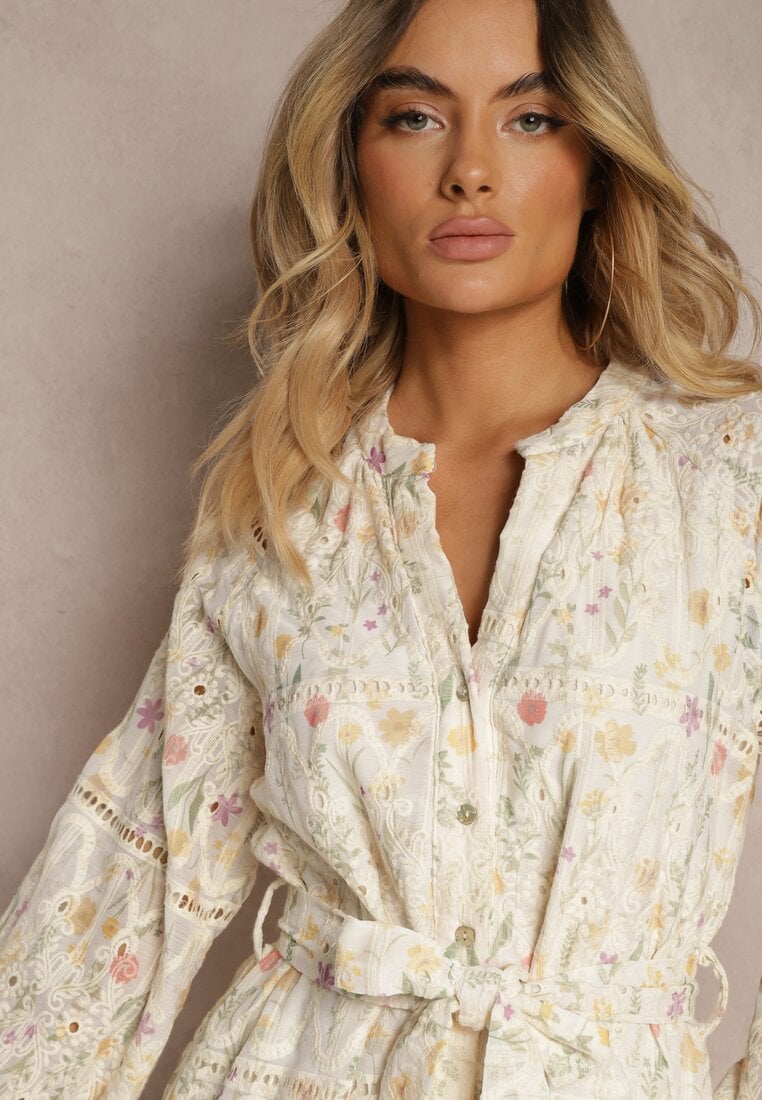 Rochie bej cloș cu curea din material și imprimeu floral Dimtina