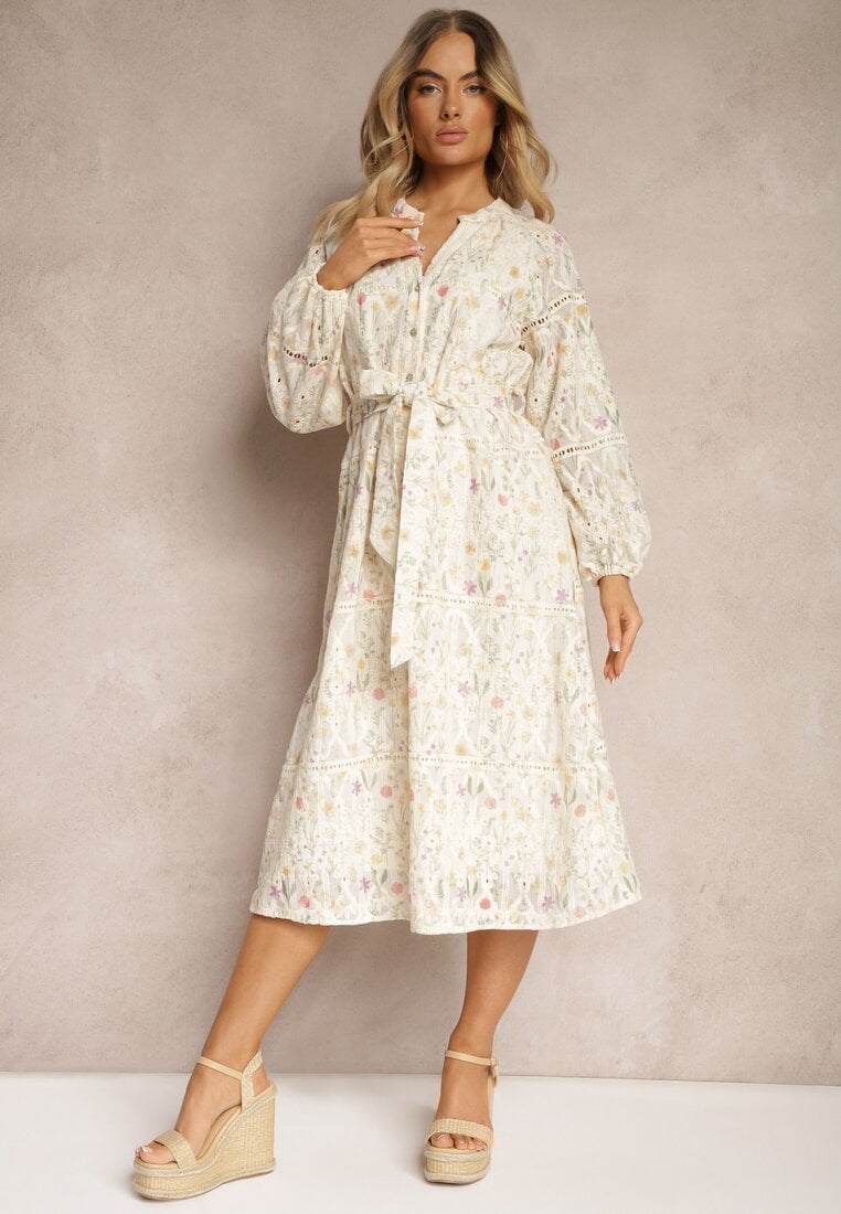 Rochie bej cloș cu curea din material și imprimeu floral Dimtina