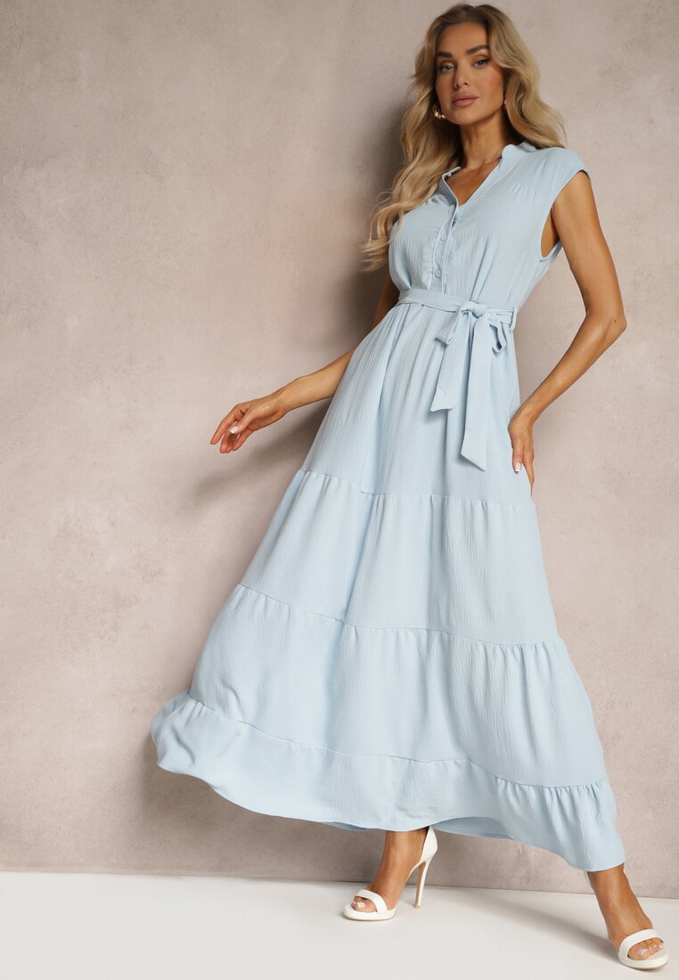 Rochie bleu deschis cu curea în talie cu croi evazat fără mâneci Ellasin