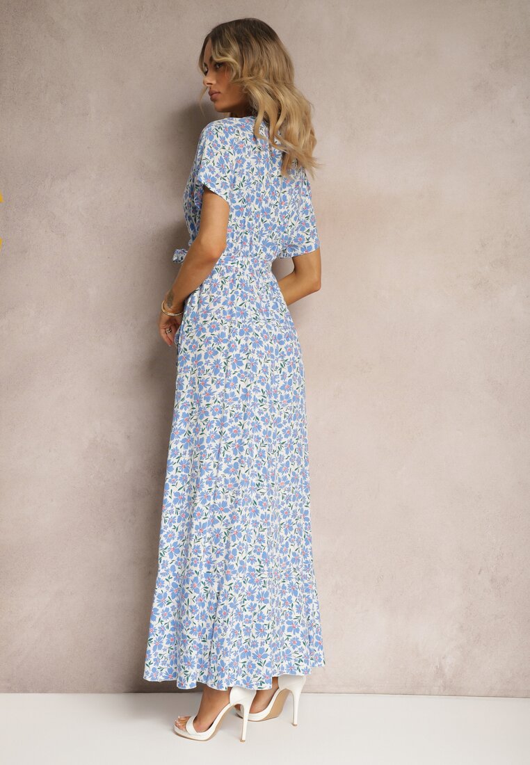 Biało-Niebieska Kopertowa Sukienka z Gumką w Talii z Dłuższym Tyłem Ozdobiona Falbanką Hobbia