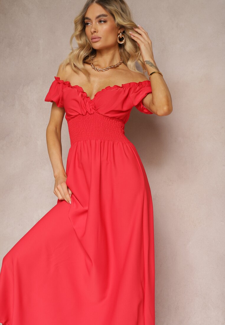 Czerwona Sukienka z Wiskozy z Gumką w Talii i Kopertowym Dekoltem Rhoneri