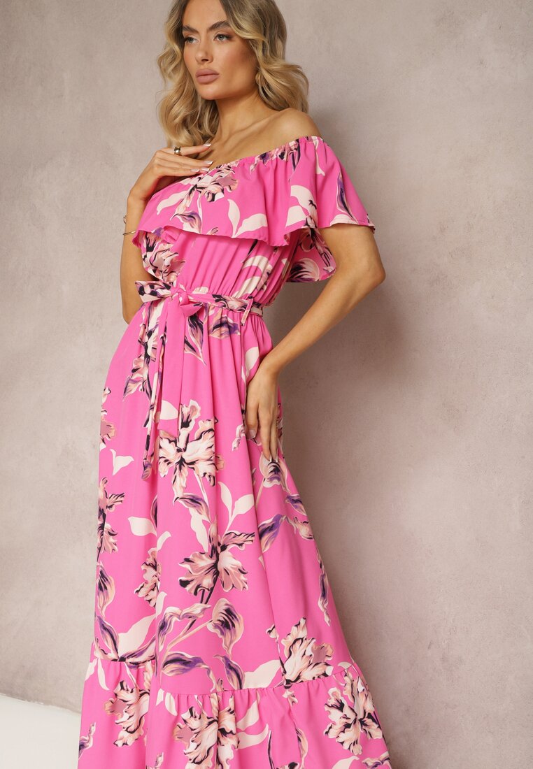 Różowa Kwiecista Sukienka Typu Hiszpanka z Gumką w Talii i Materiałowym Paskiem Pori