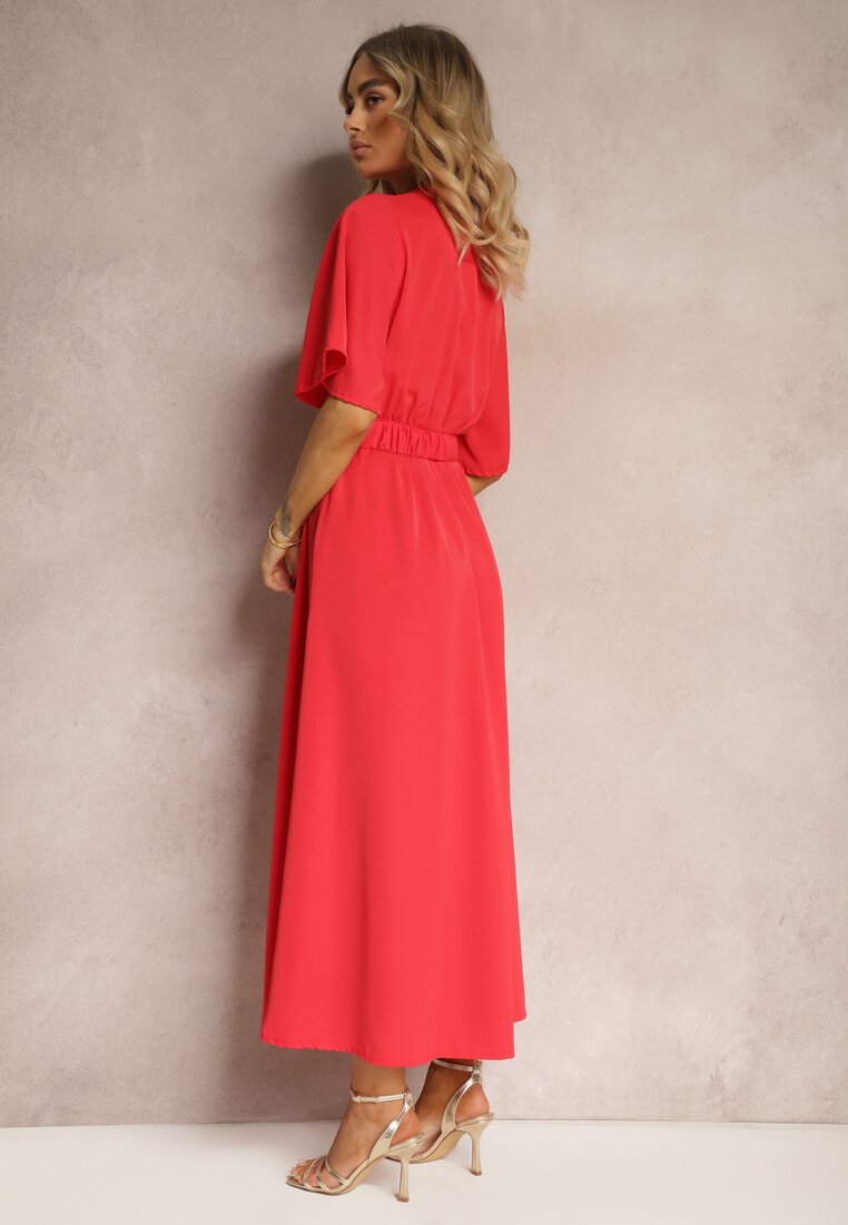 Czerwona Kopertowa Sukienka z Gumką w Talii i Paskiem Amperi