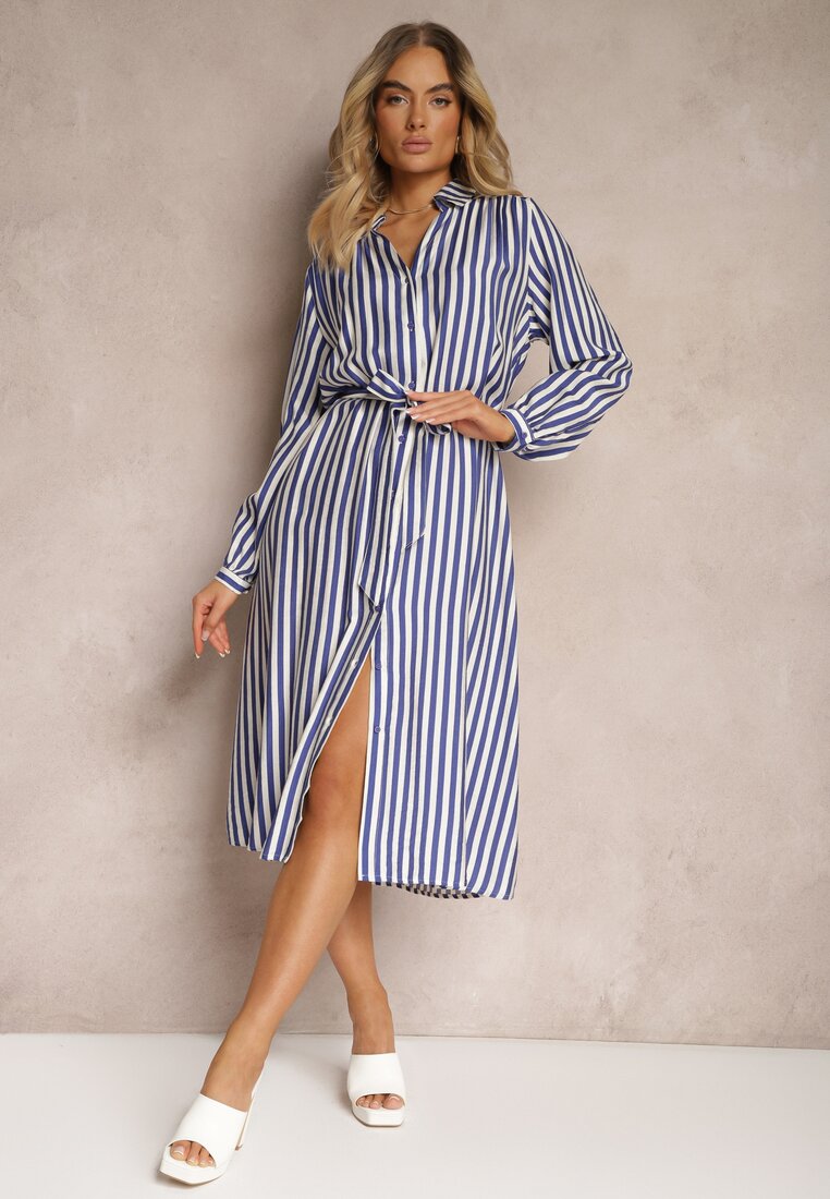 Rochie bleumarin-albă în stil cămașă cu curea din material și nasturi Dimori
