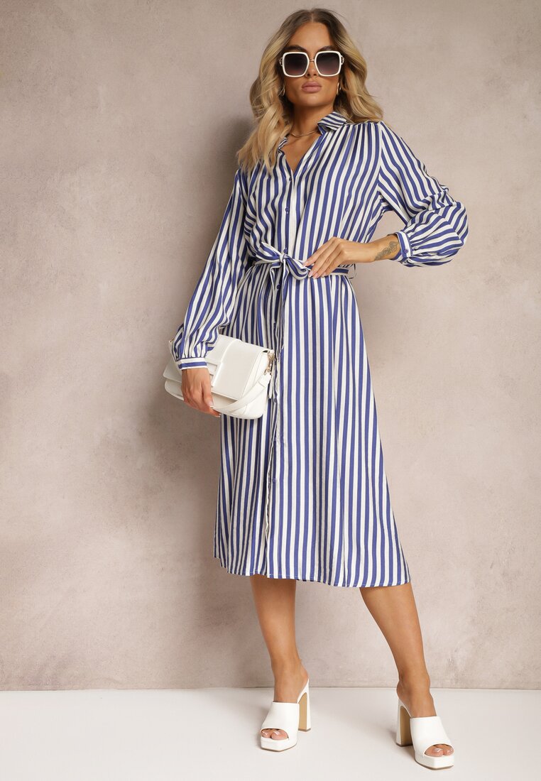 Rochie bleumarin-albă în stil cămașă cu curea din material și nasturi Dimori