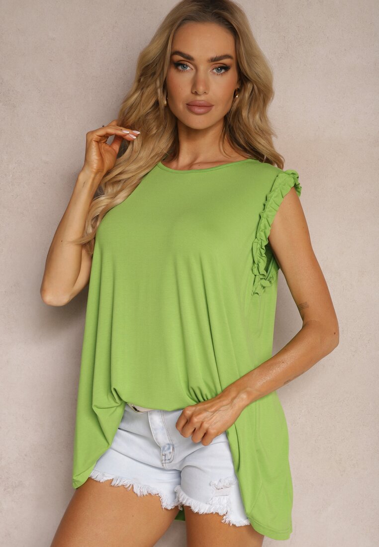Top Verde-Deschis Casual din Viscoză cu Volan la Umeri Dimrie