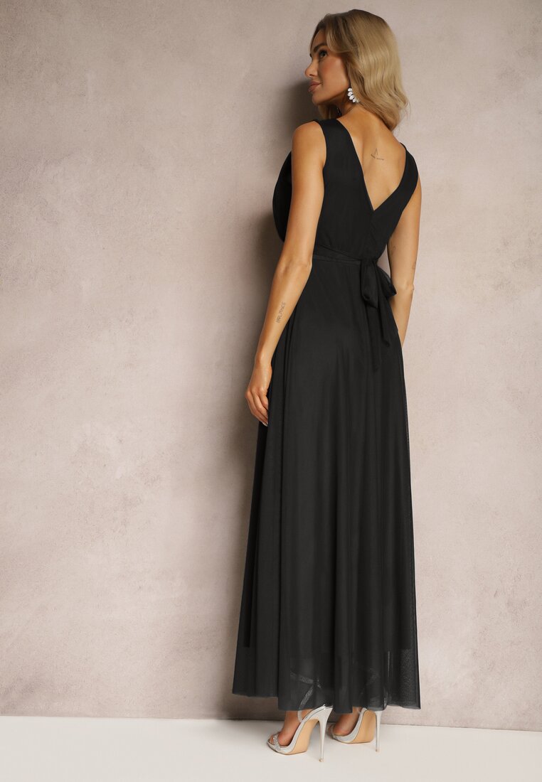 Rochie Neagră de Cocktail cu Tul Elastar Fără Mâneci