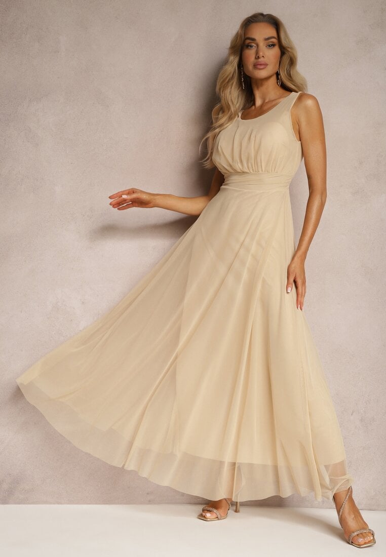 Rochie cocktail bej cu tiv de tul fără mâneci Elastar