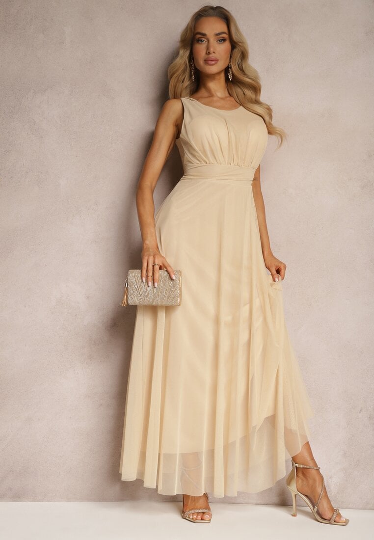 Rochie cocktail bej cu tiv de tul fără mâneci Elastar