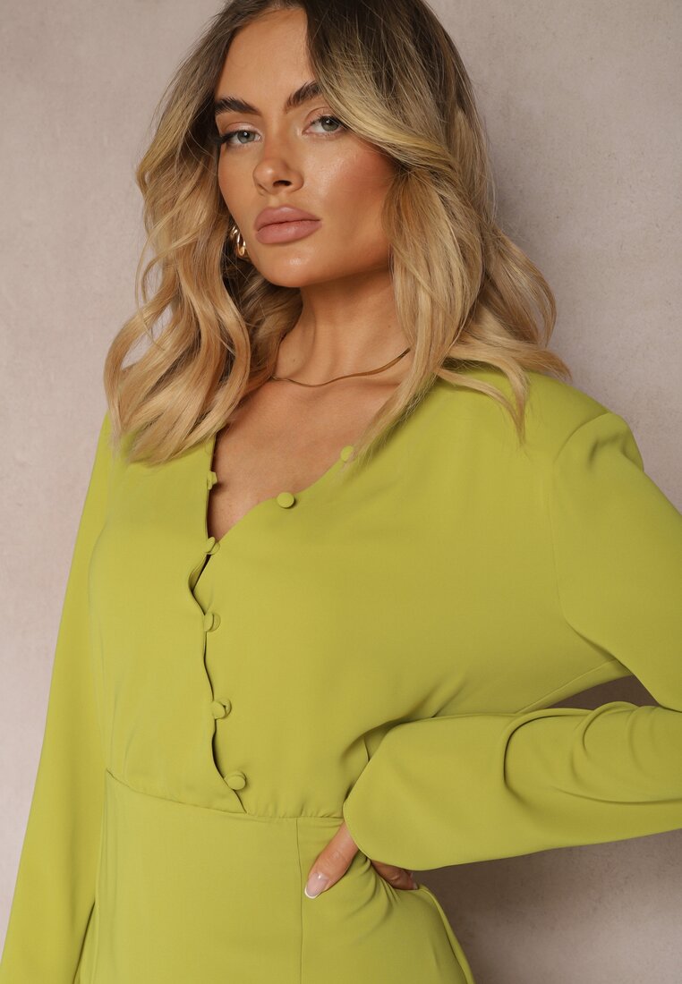 Rochie Verde Deschis Croi Cambrat Nasturi Elastic Talie Dimmara
